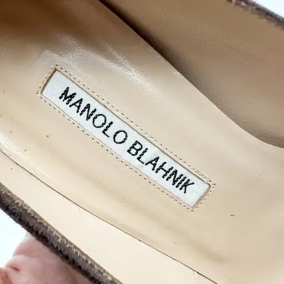 Manolo Blahnik BB Pointed Toe Suede Pumps Chocolate Brown Taupe Size 38.5 - Picture 7 of 15